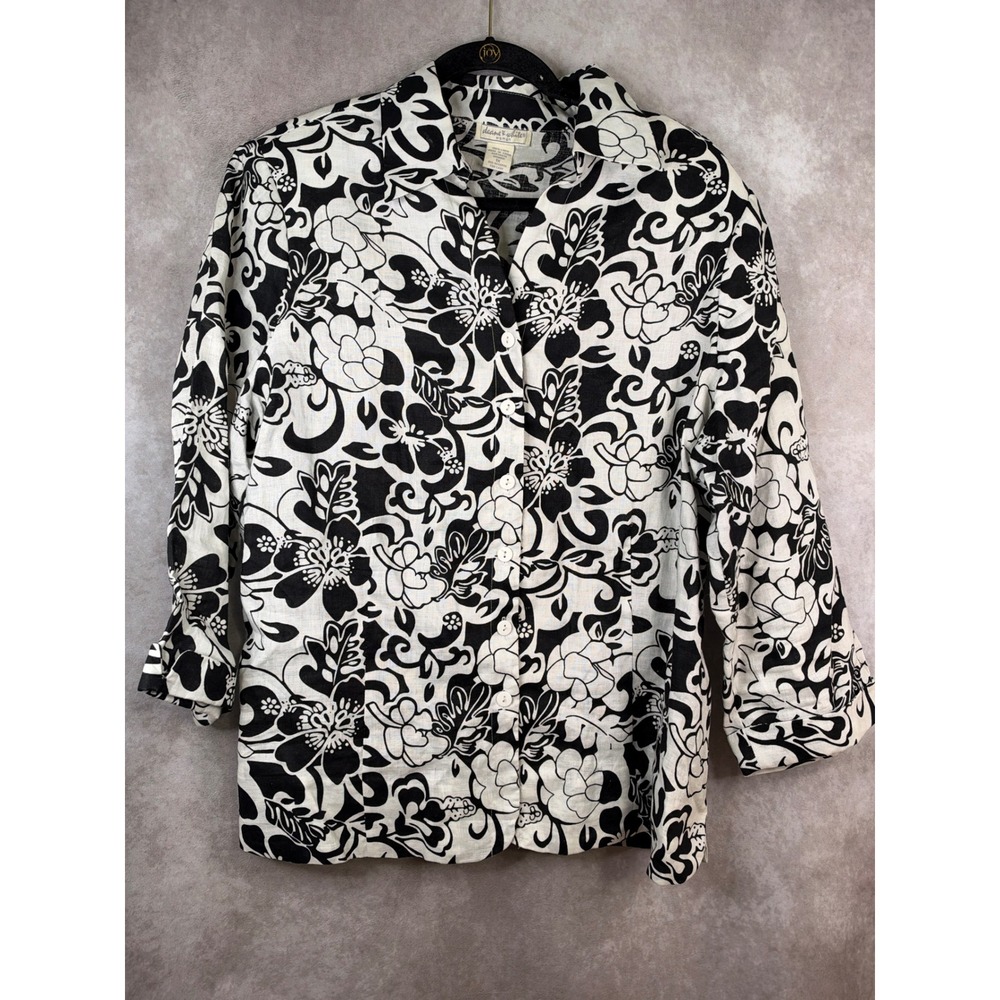 Deane & White Button Up Shirt Womens 1X Black White Floral 100% Linen Tropical